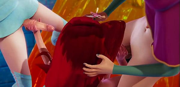  Triple Futa - Anna, Elsa and Ariel - Frozen and Little Mermaid 3D Porn